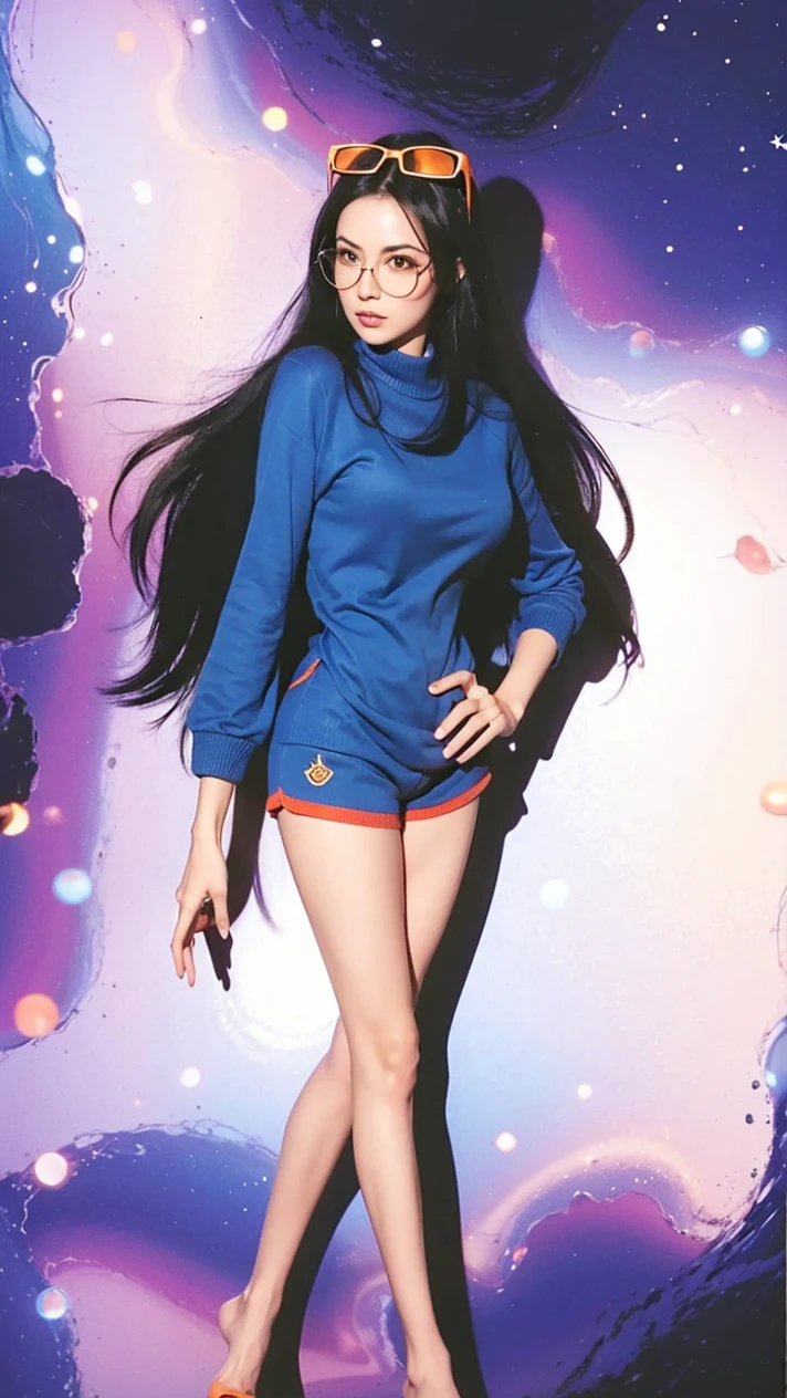 Realistic Nico Robin, blue sweater up to his thighs covering his shorts, black hair, glasses on top of his head, orange glasses, standing crossed legs.