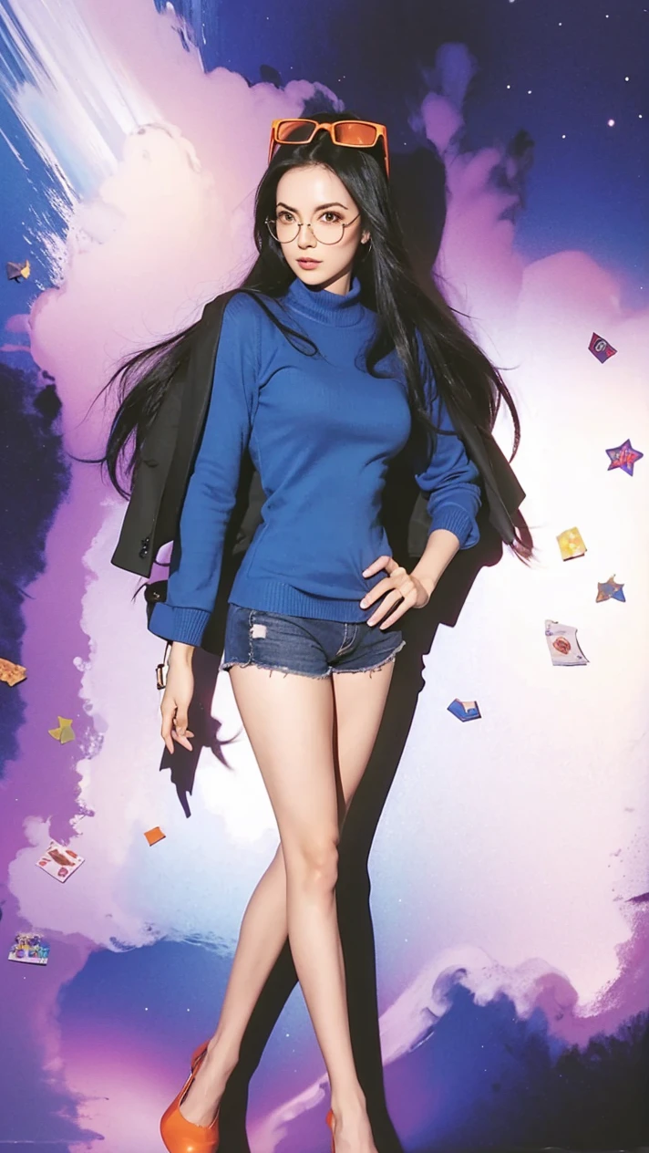Realistic Nico Robin, blue sweater up to his thighs covering his shorts, black hair, glasses on top of his head, orange glasses, standing crossed legs.