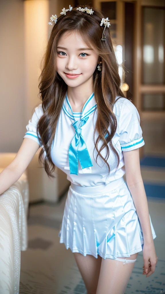 ASCII top quality, ultra high resolution, (photorealistic: 1.4), one girl, (ulzzang-6500:1.0), Kpop idol, highest quality (brown wavy hair: 1.1), (blonde hair, shiny wavy hair, smile, girl, 1 girl, beautiful blue eyes), (lovely: 1.16), (very delicate and beautiful), beautiful, colorful, (hair ornament: 1.3), long hair, (white uniform: 1.2), (outdoor), (school building: 1.2), cityscape, (light smile: 1.2), (insanely cute and beautiful girl), movie shadow, (dynamic angle), (sharp outline),, cute, cute, (((16 years old))), (blue pleated skirt), (blue ribbon), ((shiny eyes)), shiny hair, shiny hair, big breasts, upper body