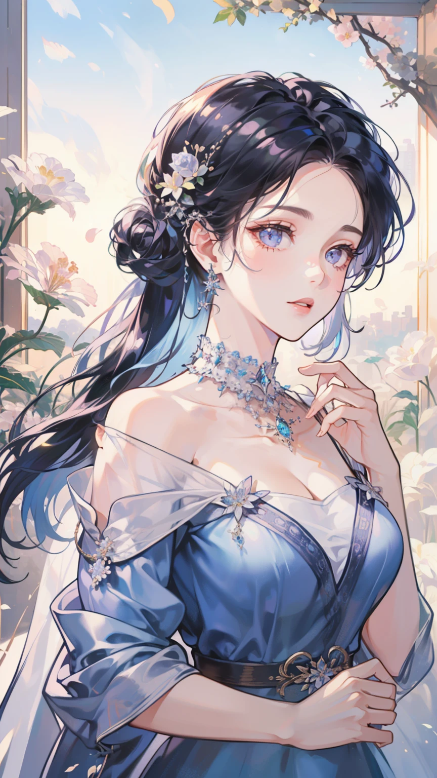 (best quality, 4K, high resolution, masterpiece:1.2), Elegant dynamic portrait,A beautiful girl,Blue hair tied up elegantly, Decorate with jewelry, Diamond necklace, (Put on a big cape), Clear purple eyes, (Decorate your hair with delicate flowers, Crystal jewelry string), Extremely detailed.