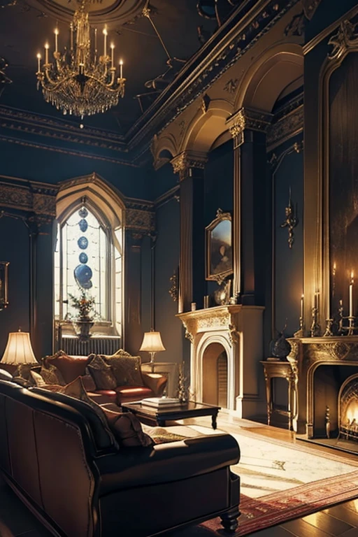 Interior, victorian Manor with reliquies, (((Nigth))), (((moonligth enters the living room)))