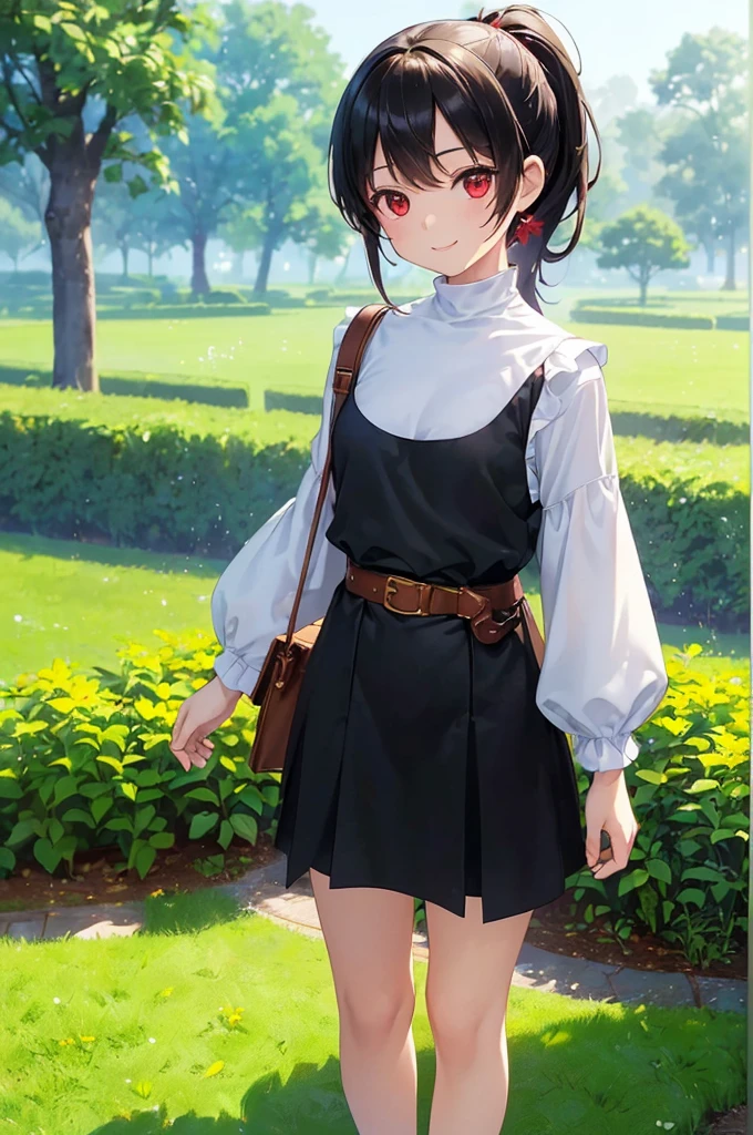 (masterpiece; best quality: 1.2), (finely detailed eyes: 1.3), ((10 year old female kid)), ((solo)), (red eyes: 1.4), (body; short, slender, small breasts: 1.3), (black hair in ponytail: 1.3), (beautiful and clear background: 1.2), ((depth of field)), (clothes: wanderer mage attire + white-and-gold wide-sleeve high-neck shirt + long black skirt + belts + traveler pouches and satchel: 1.3), (anime illustration: 1.2), (background; garden exterior: 1.1), (extremely fine and beautiful: 1.1), (shot composition; standing + centered on torso + close-up: 1.5), (expression; calm, smile: 1.2)