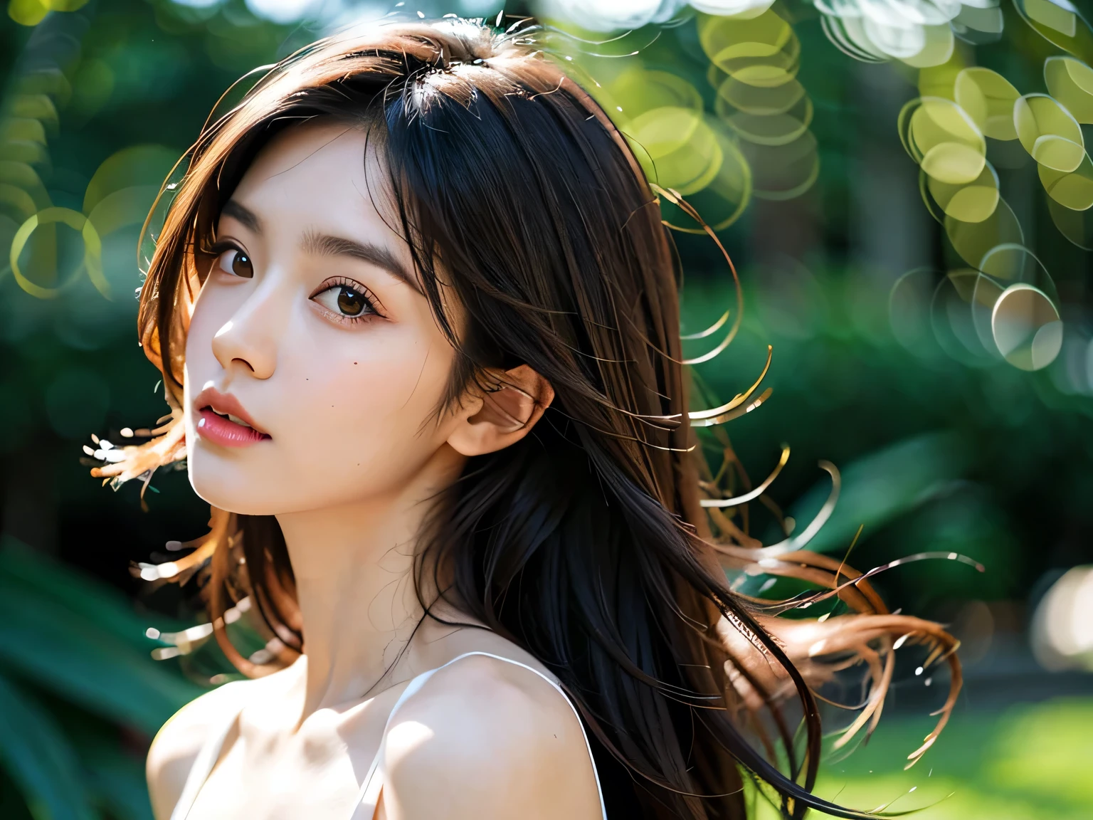 short black-brown hair,Beautiful and natural,The background is more advanced and beautiful., Make the background white, Long Hair, Brightens skin