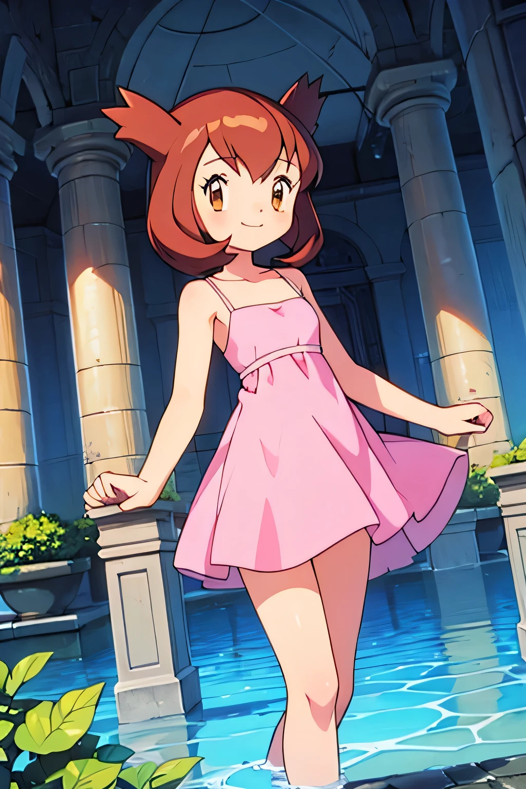 masterpiece, best quality, ultra-detailed, illustration, beautiful detailed eyes, very detailed illustration, cinematic lighting, 1 girl, solo, Pokemon Heroes (Bianca), Brown Hair, brown eyes, 1 girl, solo, sleeveless, collarbone, Pink Camisole dress, pink dress, intricate details, sharp focus, high resolution, the background of beautiful garden with columns, on a beautiful night, full moon, smile, standing near a water pool on the bottom, arms behind back, anime style, ultra-detailed, hdr, far at the bottom, in the center, Close up, her feet on the water