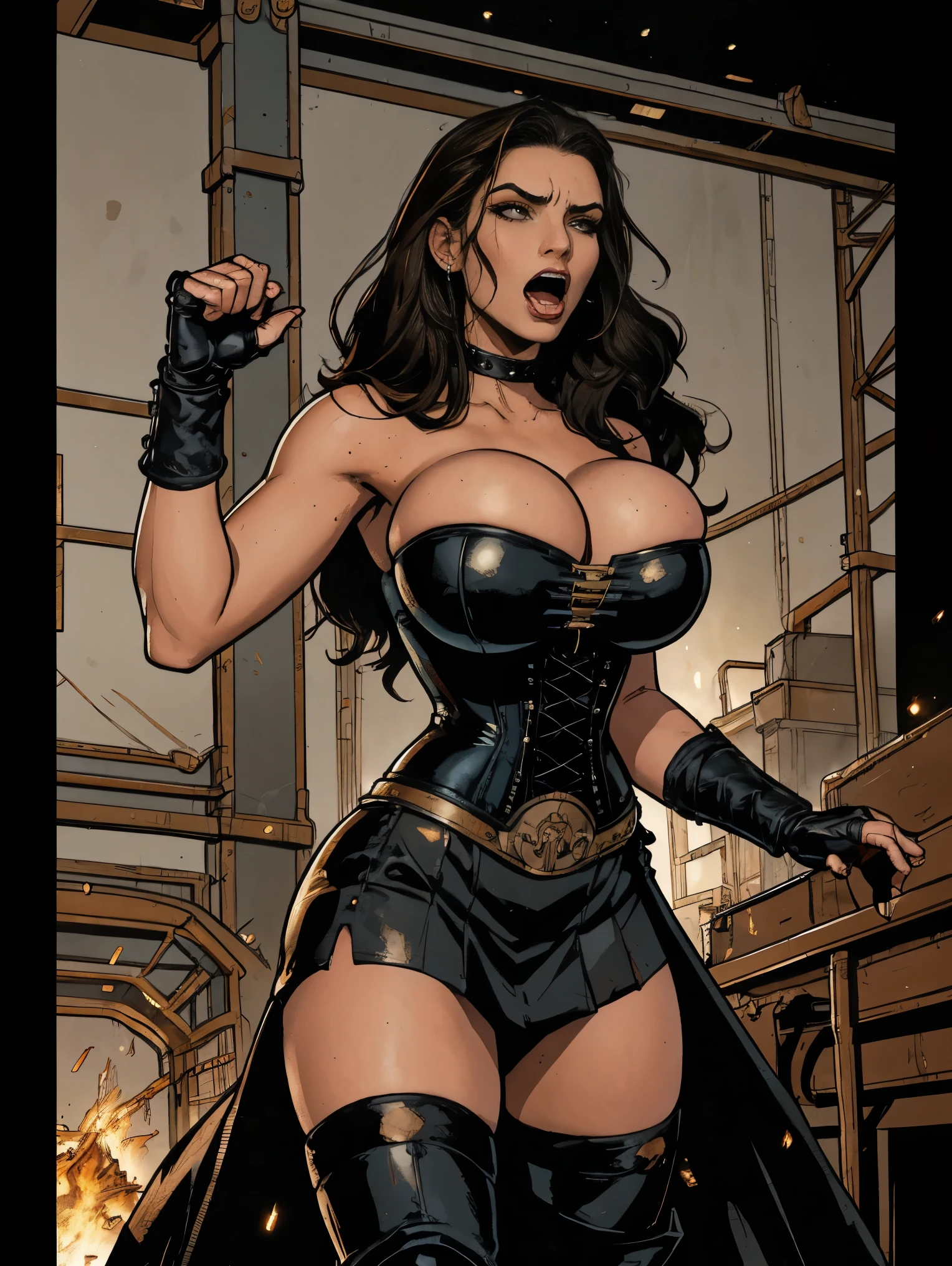 Extremely busty thin and toned brunette death metal singer, college girl, fair skin, big hair, hair pulled back, soft face, athletic, heavy makeup, piercings, black leather, studs, strapless sleeveless corset, boots, fingerless gloves, tight skirt, chains. standing on a stage, pyrotechnics, holding a microphone, metal concert. (microphone, fist in the sky), angry, rage, screaming. Heavy metal. Death metal. Explosions, fire.