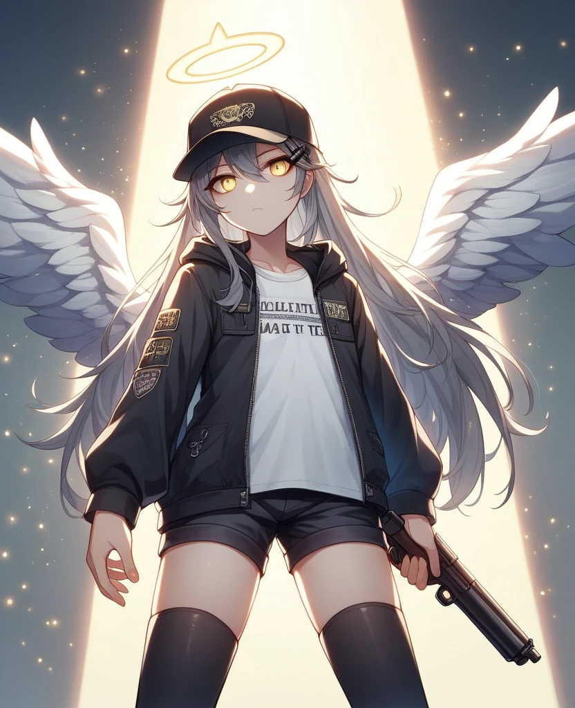 Depth of written boundary, Movie angle, masterpiece, Highest quality, Very detailed, CG, 8k wallpaper, Pretty face, Delicate eyes, country々, alone, 白いLong Hair, Yellow Eyes, hairpin, White shirt, black hooded jacket, Black baseball cap, Black Stockings, Black knee-high boots, Urban area,NSFW,(masterpiece, Highest quality:1.3), (Super detailed:1.3), One girl, alone, (Gray Hair, Messy Hair, Long Hair), (Angel Wings, Angel Halo), Flat Chest, Yellow Eyes,Expressionless,Cowboy Shot, Cinema Lighting, (((Glowing light particles))), (Put your arms behind your back), Dynamic Angle,Character portrait,Owns a shotgun,