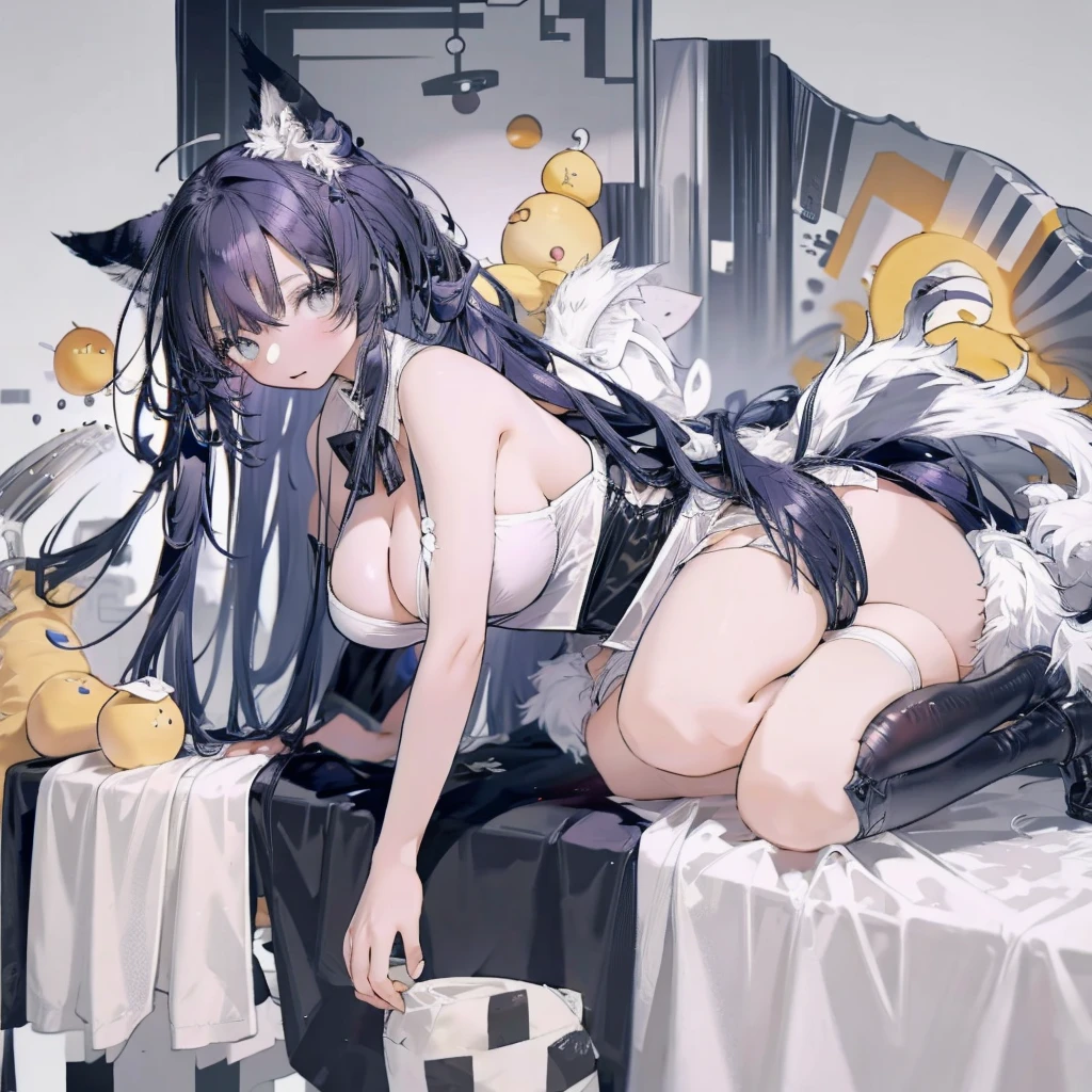 Taiwanese girl 18 years old with baby face and big breasts Asian woman wearing white shirt and black shorts lying on yoga mat,Anime Girls Cosplay,cat ears and tail, cat ears anime girl, Ahri from League of Legends is a girl wearing a maid outfit,have big breasts,There are three women in maid costumes,Doing push-ups on mat in gym,charming depiction,Lively and dynamic