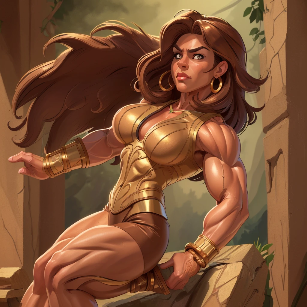 (masterpiece:1.2), (best quality), (ultra detailed), (8k, 4k, intricate),(full-body-shot:1), (highly detailed:1.2),(detailed face:1.2), (detailed background), muscle woman with brown hair wearing top and gold bracelets, muscle woman, big muscles, huge muscles, massive muscles, mature woman