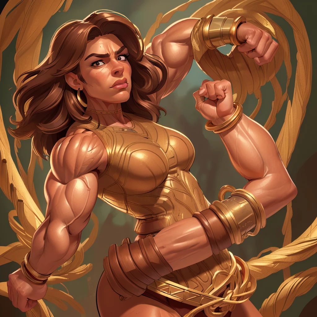 (masterpiece:1.2), (best quality), (ultra detailed), (8k, 4k, intricate),(full-body-shot:1), (highly detailed:1.2),(detailed face:1.2), (detailed background), muscle woman with brown hair wearing top and gold bracelets, muscle woman, big muscles, huge muscles, massive muscles, mature woman


