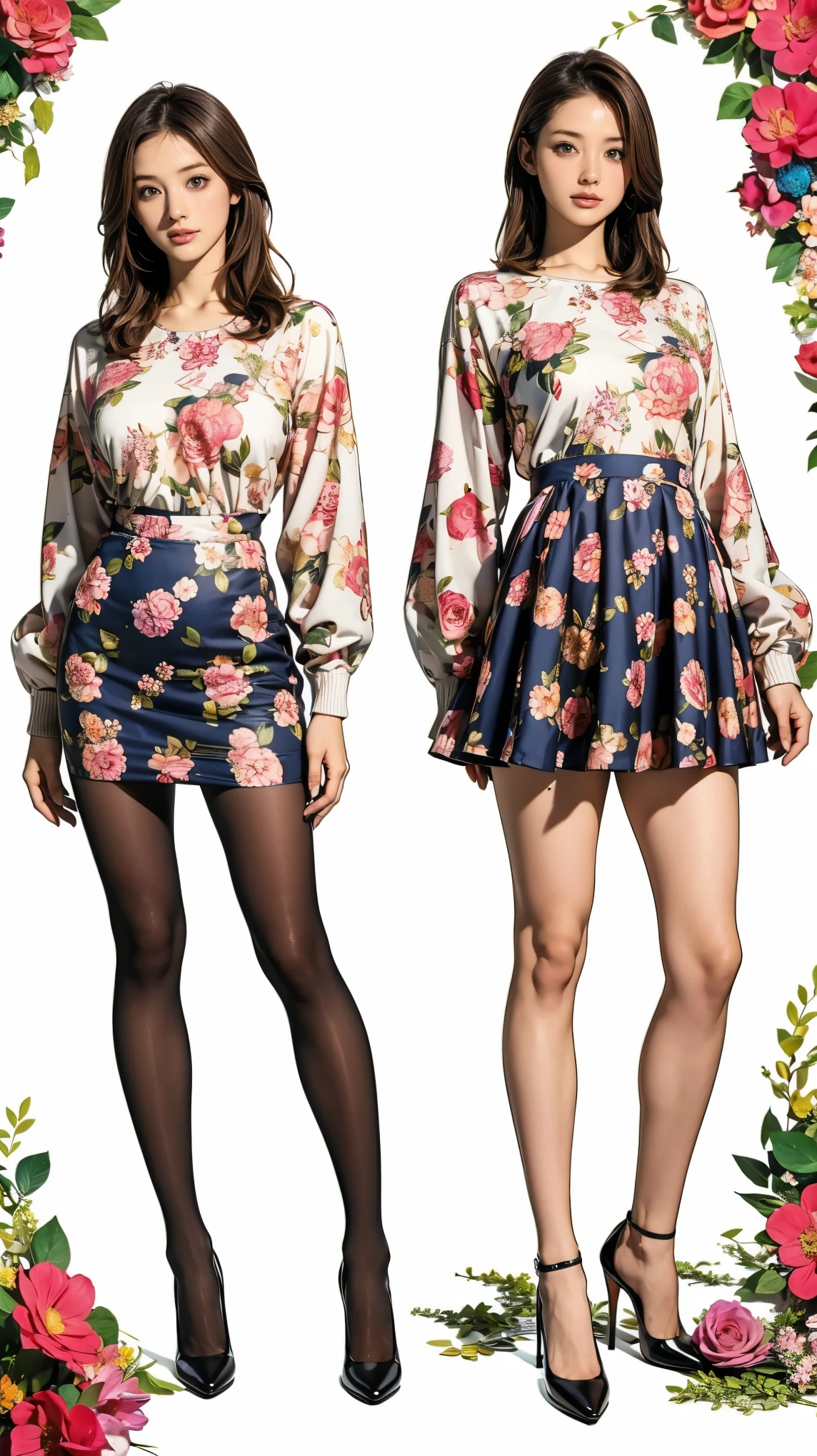 ((masterpiece)),(((Highest quality))),((Character design sheet)),Thin thighs,Long legs,whole body:1.5，(One Girl:1.3),(Black pantyhose and thick pointy heels：1.3),(Wearing a floral and plant patterned mini skirt dress:1.2),Short blonde:1.2、Model pose，Floral and botanical background:1.5，Pull up your skirt:1.5，Pull up your clothes to reveal your underboobs:1.5
