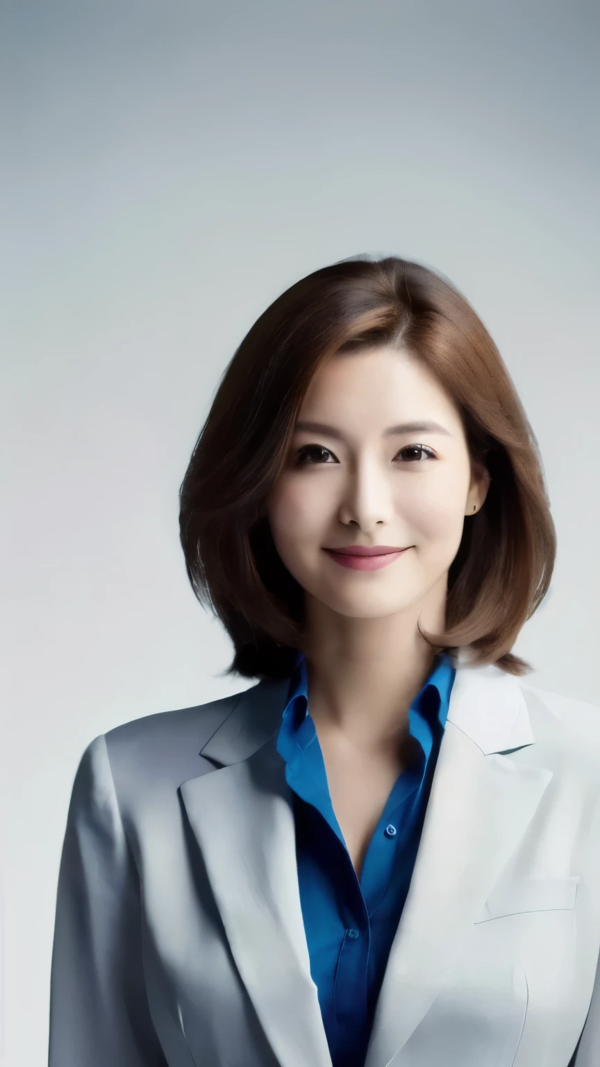 Hyperrealistic photographic quality, pure white background, subject is a stunningly beautiful japanese woman, 30 years old, well-styled light brown medium-length hair, navy blue suit with white blouse, gentle smile, standing with elegant posture facing the camera, eyes looking directly at the lens, ((long shot)) , natural makeup, professional portrait style, 8K still photo, professional studio lighting, soft focus 