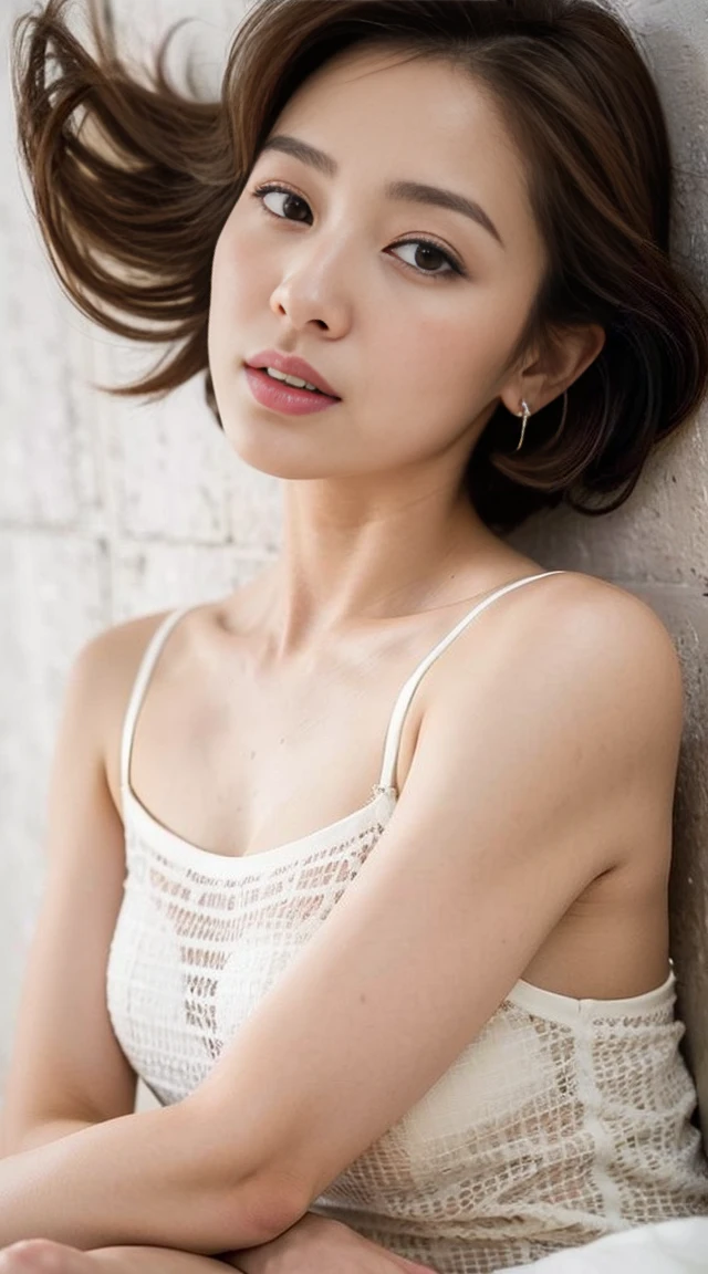Dark brown hair、Light brown eyes、Japanese actress、 Lady、I am about 40 years old...、(Intricate details:1.2)、(Which is the top???:1.4)、 (Ultra-high resolution:1.2)、Ultra-high resolution、(Finely tuned)、(Detailed facial features)、Hmph、8K resolution、D cup size breasts、Long Hair、Updostyle, Updo、Hair Bun、1 Girl, Deep sorrowの表情, (Very detailed美しい顔), (camisole:1.5), (Bare shoulders:1.3), (Highest quality:1.4), (Very detailed)、Beautiful fair skin with transparency, Are sleeping、Sleeping on the floor、Top View、 Spread your legs wide, Open your mouth a little、Her legs are visible through the dress、Deep sorrow、Pose of Weakness、Obscene pose、White floor、White wall、The morning sun shines in、Sleep on your side。
