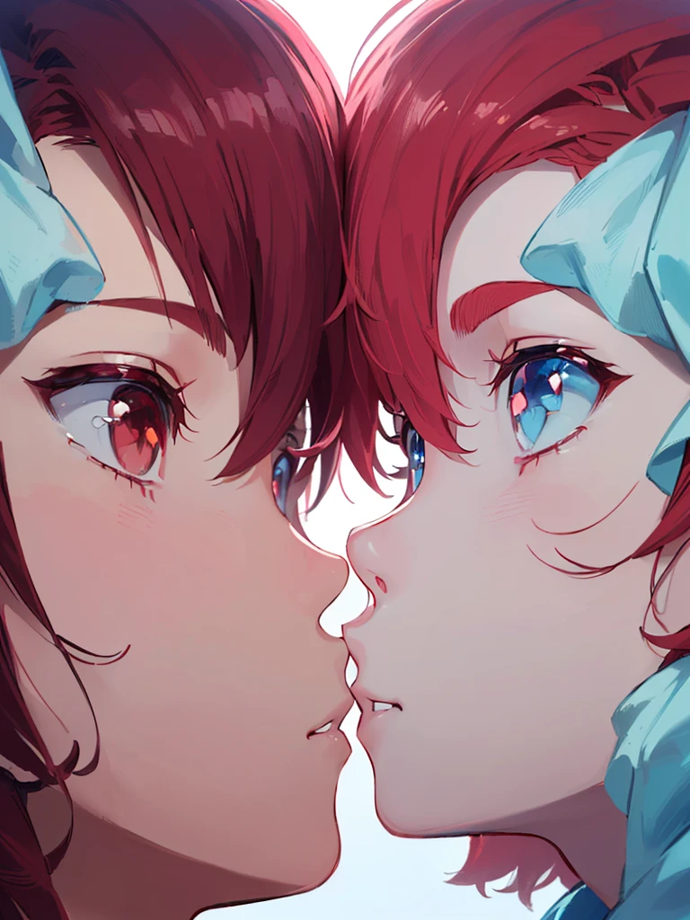 (highest quality、masterpiece、High resolution、detailed),(Shining eyes、DetailedBeautiful face), (bl:1.9、boys love:1.7)、(two young boys:1.9、pink eyes:1.4、light blue eyes:1.4), (bionde:1.9)、(Dark Red Hair:1.9)、(profile、Facing each other:1.8)、(Colorful Men's Fashion:1.7),(detailed cute face、cool face), lighting,bust shot,Very detailed、 8K wallpaper,(inner color:1.7)、(Spring Men's Fashion:1.5),(shy smile:1.7),((flying petals)),(flowering meadow), (bright theme:1.3), light, (Simple Background 1.5,put one hand on each other's cheek:1.4),beautiful anime:1.4、dynamic angle