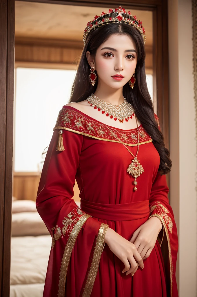 、Highest quality , sexy, Ultra-high resolution, RAW Photos, girl, indoor, White skin, Long Hair ,whole body,Black Hair、Red color clothes、Iranian national costume、Red color crown、red necklace、Red wrist ornament、Red earrings、