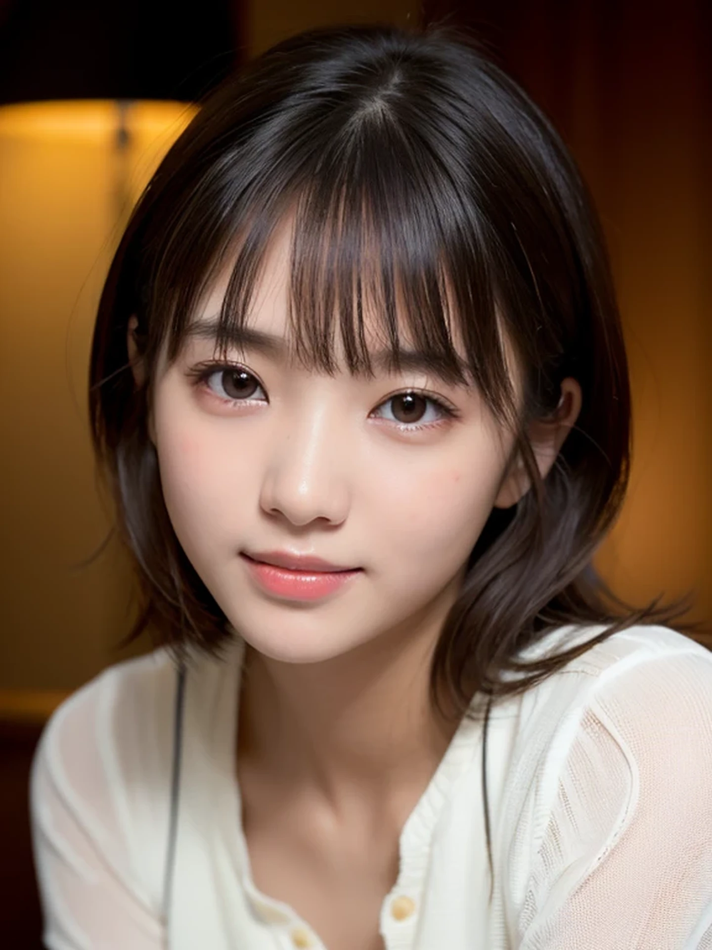 (Photo Real:1.4), (hyper realisitic:1.4), (Smooth lighting:1.05), 1 girl, blouse, (sad:1.4), Close-up of the face, Soft lighting, Back lighting, (cheerfulness:1.2), (Finest Real Textured Skins), Narrow-eyed, Super fine face, Gravure Idol Pose, glowy skin, retinas, Anatomically correct, acurate, Super Detail, Textured skin, High quality, high details, Best Quality, High resolution, bangs