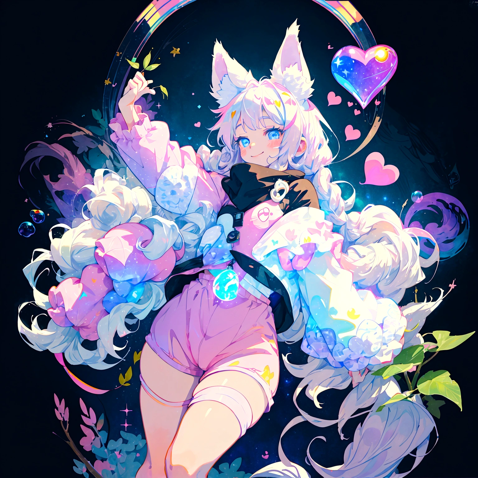 a cute adult male with wolf ears, long white hair, long locks, has a wolf tail, thick thighs, wide hips, short, wearing pink romper with a hood and pink shorts, has heart on chest, has bunny ears on hood, very slim, showing slender tummy, squishy thighs, has glowing blue eyes. alone, solo (ALONE)(SOLO), surrounded by rainbows, colorful galaxy backround, smiling, ontop of a pile of fluffy plushes, plushies everywhere, kawaii plushies, surrounded by bubbles, surrounded by rainbow leaves, standing up dancing, thicc thighs, stretching out