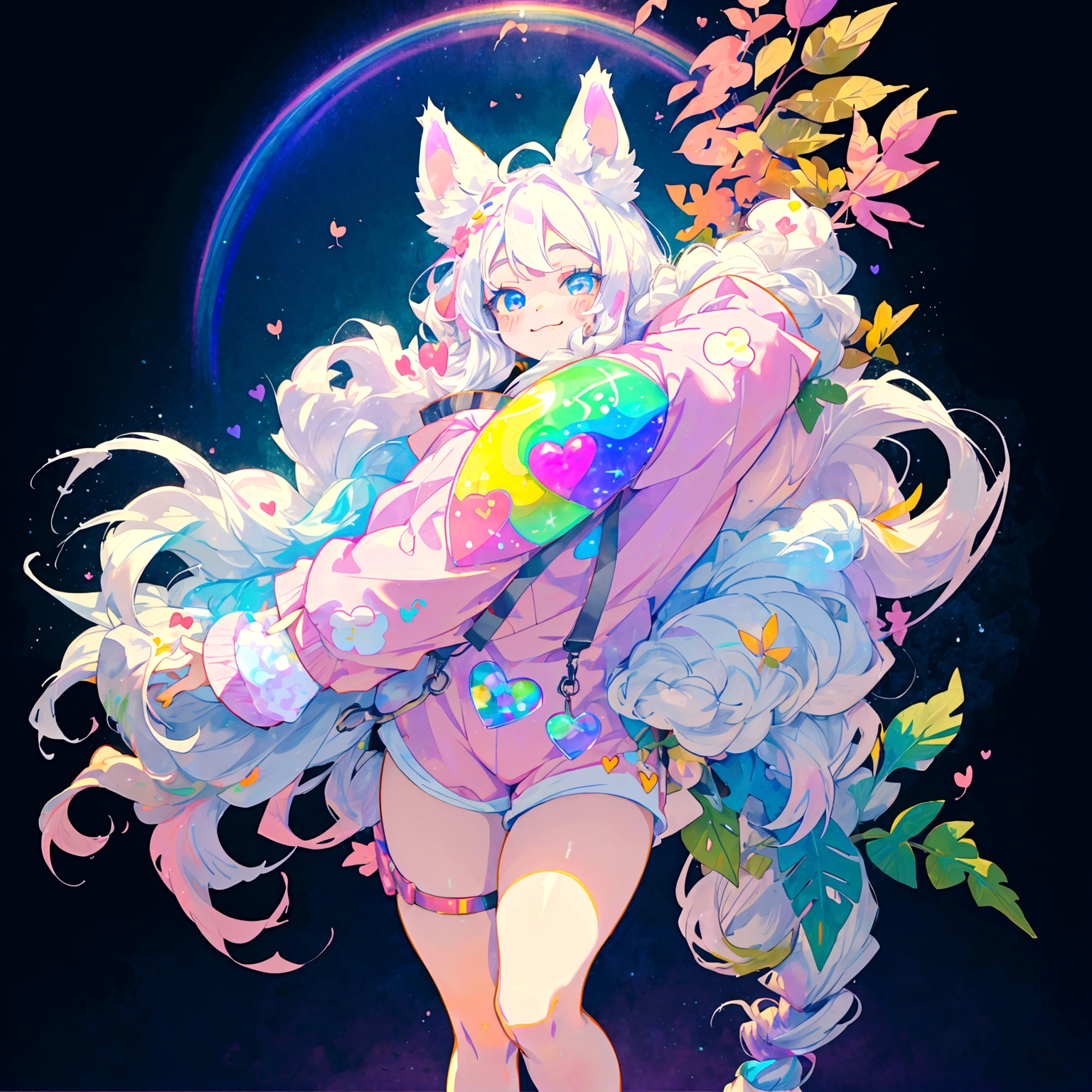 a cute adult male with wolf ears, long white hair, long locks, has a wolf tail, thick thighs, wide hips, short, wearing pink romper with a hood and pink shorts, has heart on chest, has bunny ears on hood, very slim, showing slender tummy, squishy thighs, has glowing blue eyes. alone, solo (ALONE)(SOLO), surrounded by rainbows, colorful galaxy backround, smiling, ontop of a pile of fluffy plushes, plushies everywhere, kawaii plushies, surrounded by bubbles, surrounded by rainbow leaves, standing up dancing, thicc thighs, stretching out