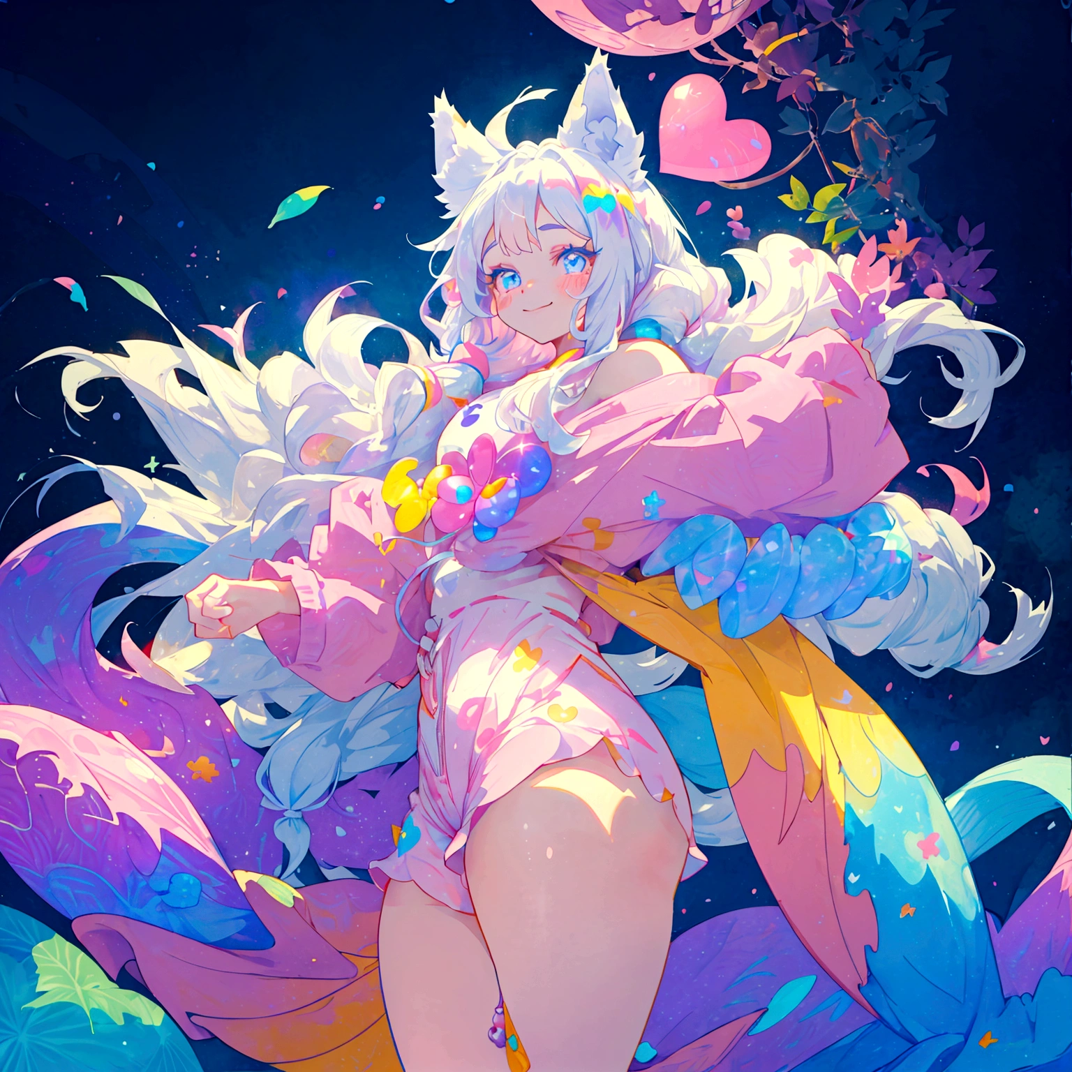a cute adult male with wolf ears, long white hair, long locks, has a wolf tail, thick thighs, wide hips, short, wearing pink romper with a hood and pink shorts, has heart on chest, has bunny ears on hood, very slim, showing slender tummy, squishy thighs, has glowing blue eyes. alone, solo (ALONE)(SOLO), surrounded by rainbows, colorful galaxy backround, smiling, ontop of a pile of fluffy plushes, plushies everywhere, kawaii plushies, surrounded by bubbles, surrounded by rainbow leaves, standing up dancing, thicc thighs, stretching out