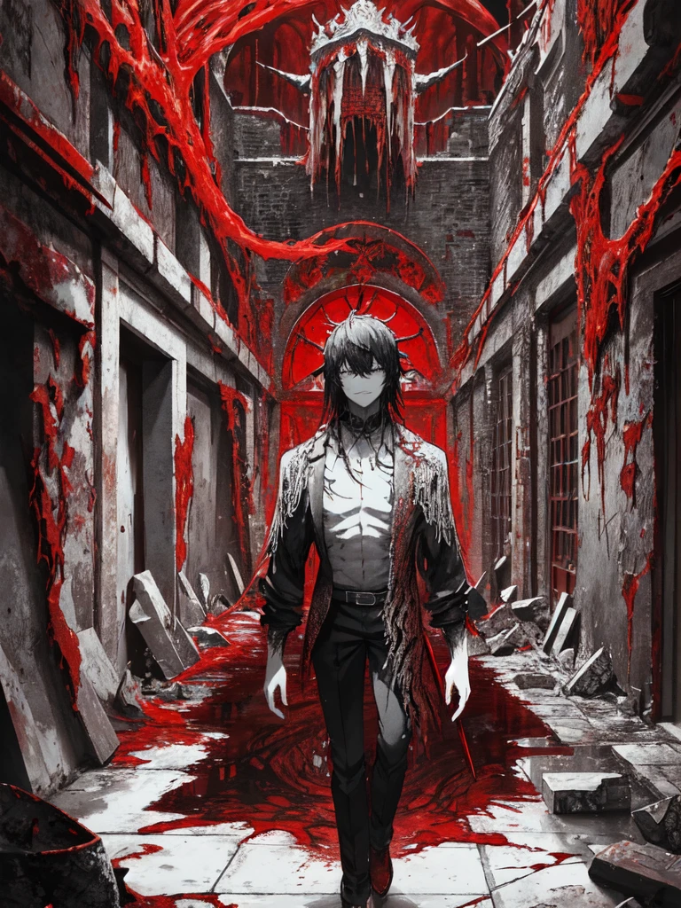 absurdres, highres, ultra detailed, (red, black, white theme:1.2), (sceneary of inferno:1.2)
(no humans:1.4), cthulhu mythos, (large monster, fallen god:1.2), chainsaw man,
Abstract design, swirling patterns, jester mask, cosmic elements, dice and chance motifs, embodiment of chaos, unpredictable forces.

Shadowed Wasteland, Desolate landscapes, eerie fog, ruins of old, dark magic, scavenging creatures, whispering winds.,