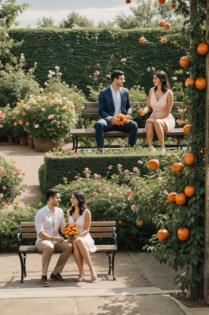 A couple sitting on a bench eating tangerines and with a rose garden in the background