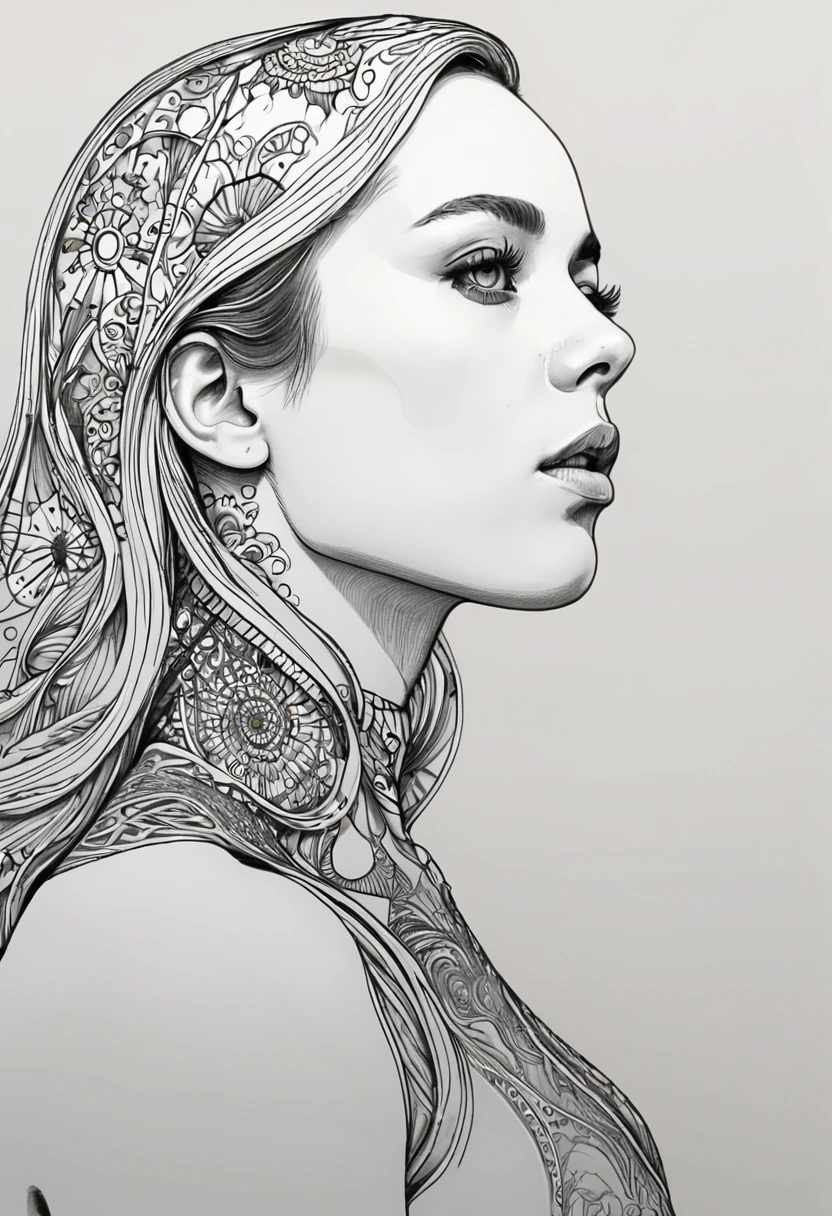 psychedelic, woman, drawing, from side, portrait ,detailed, 8k, simple background,