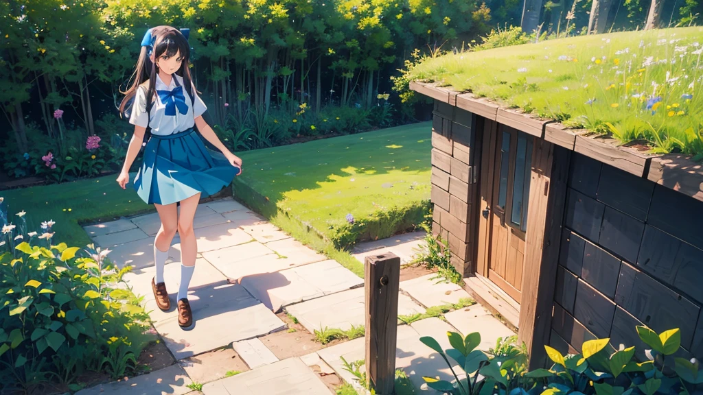 girl, student, , Wear a uniform, Light blue skirt, Long skirt, small bow, small bow, garden, nature, nature garden, anime, anime movie