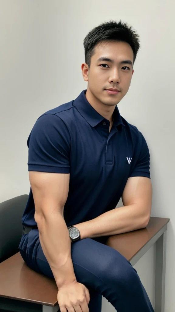 A male police officer in his 20s poses for a group photo., Wear a navy blue polo shirt., high resolution, Masterpiece, best quality, head:1.3,, Smooth and fine skin, clear focus, (movie light), during the night, gentle light, Dynamic angle, [:(detailed face:1.2):0.2],(((exercise))), sport, His arm muscles were very big., hand in crotch, in his office