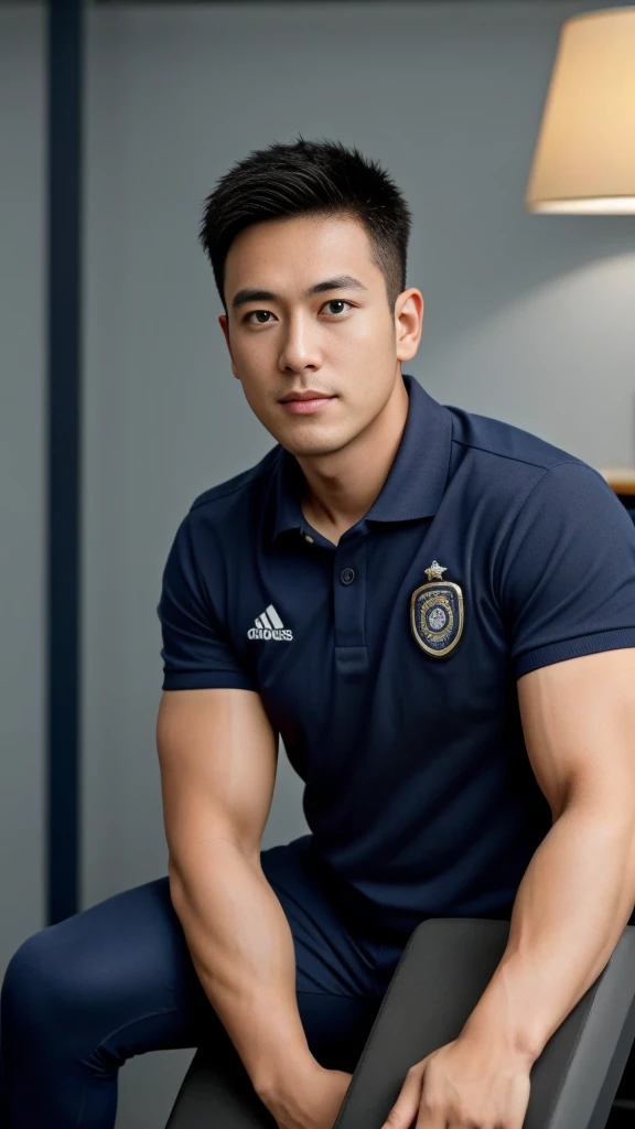 A male police officer in his 20s poses for a group photo., Wear a navy blue polo shirt., high resolution, Masterpiece, best quality, head:1.3,, Smooth and fine skin, clear focus, (movie light), during the night, gentle light, Dynamic angle, [:(detailed face:1.2):0.2],(((exercise))), sport, His arm muscles were very big., hand in crotch, in his office