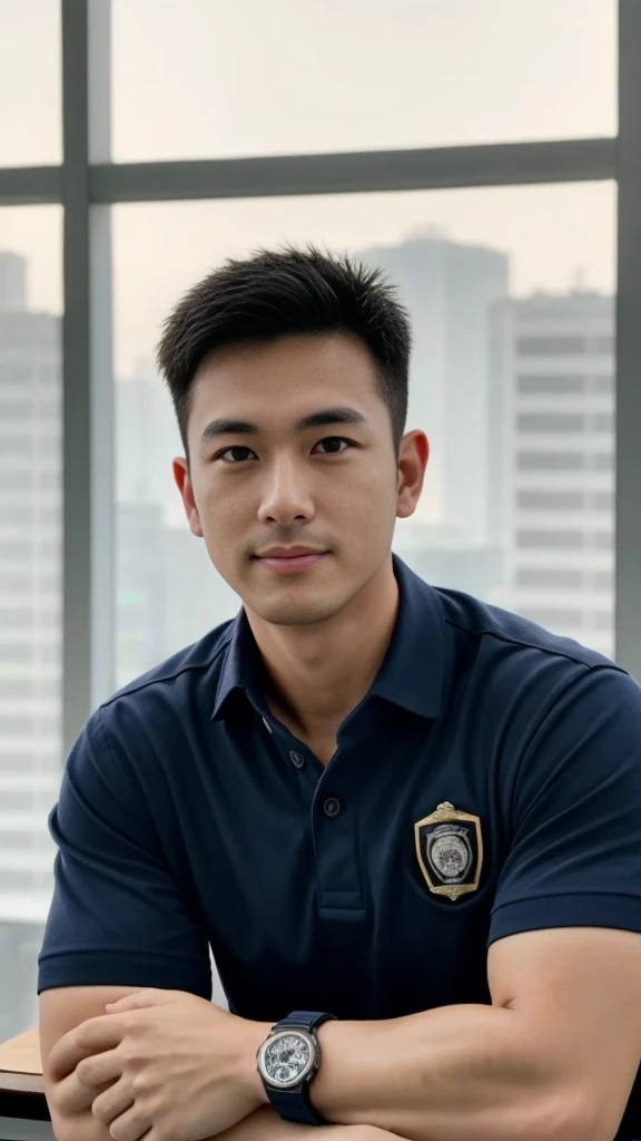 A male police officer in his 20s poses for a group photo., Wear a navy blue polo shirt., high resolution, Masterpiece, best quality, head:1.3,, Smooth and fine skin, clear focus, (movie light), during the night, gentle light, Dynamic angle, [:(detailed face:1.2):0.2],(((exercise))), sport, His arm muscles were very big., hand in crotch, in his office