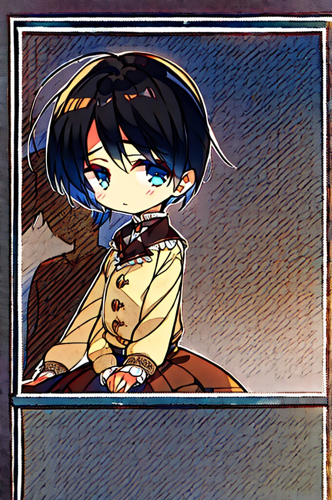 Twins, a boy or a girl with black hair, wearing tan tea victorian clothing