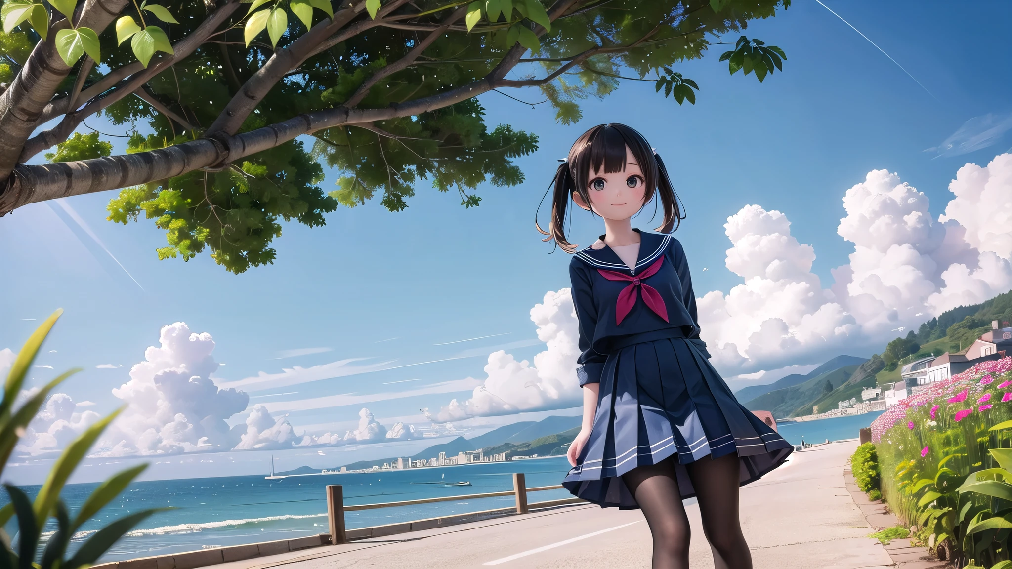 (masterpiece),  town,  blue sky,  One Girl, Put people on the right,  smile,  alone,  Sailor suit、Long skirt,  Overgrown,  petal,  plant、Skirt lining、Translucent slip、nostalgic、Black Pantyhose、You can see the sea in the distance, Crotch close-up