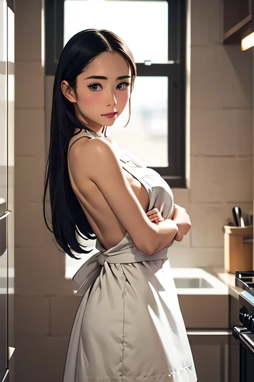 kitchen, naked apron, female pervert, hair over one eye, braided ponytail, side braid, glint, seductive smile, no bra, no panties, bare legs, barefoot sandals, solo, solo focus, full body, panorama，站立