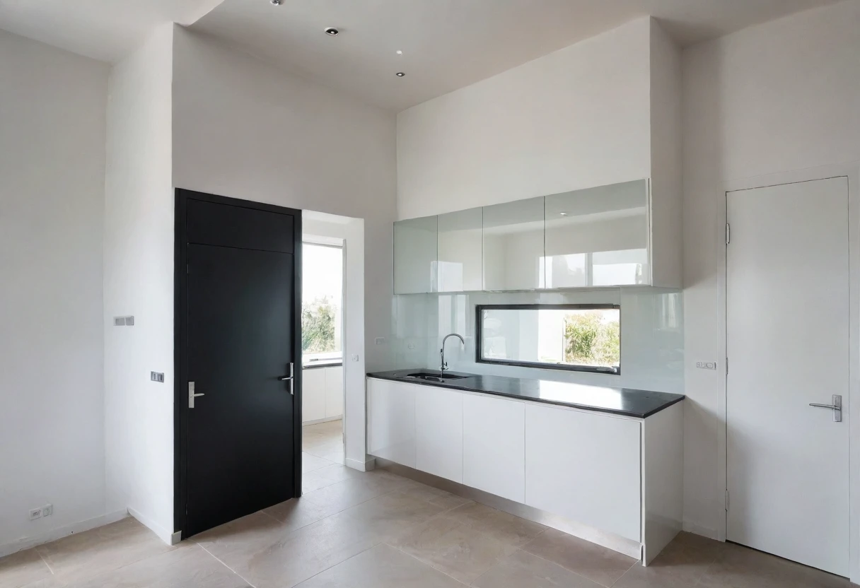 Raw photo,Masterpiece, high quality, best quality, authentic, super detail, indoors, interior ,(( kitchen and dining room : 1.3)) , modern style, daylight, (WHITE WALL), (((the right corridor ))), mezzanine floor, glass door.
