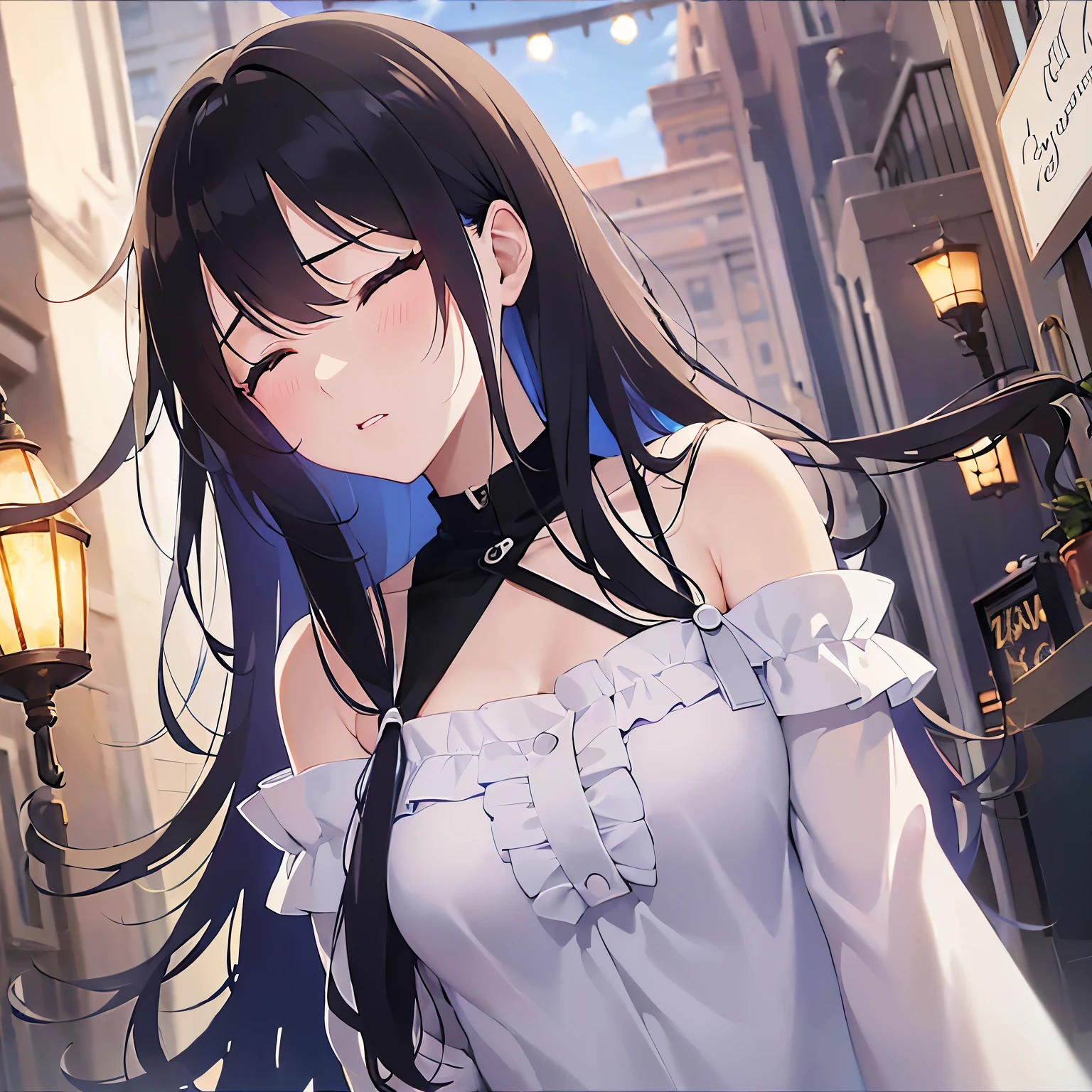 Detailed CG, Ultra-fine illustrations,masterpiece,Highest quality, AW Photos,(Pale skin:1.2),Glossy skin, shiny hair,(A 26-year-old woman with straight hair and bangs)and(Medium Hair)and(Black Hair)and(Purple eyes),BREAK(white off shoulder blouse:1.5)BREAK,(anger:1.4),(closed eyes:1.5),(trembling),Background is a park at midnight,Street lamp,Alone