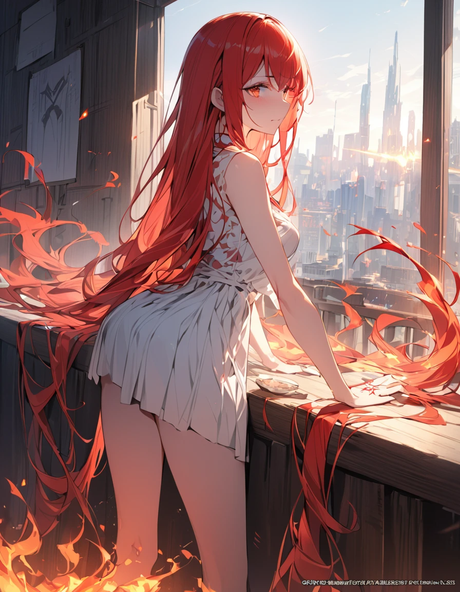masterpiece Detailed description A woman with very long red hair Very intense flames all over Spell