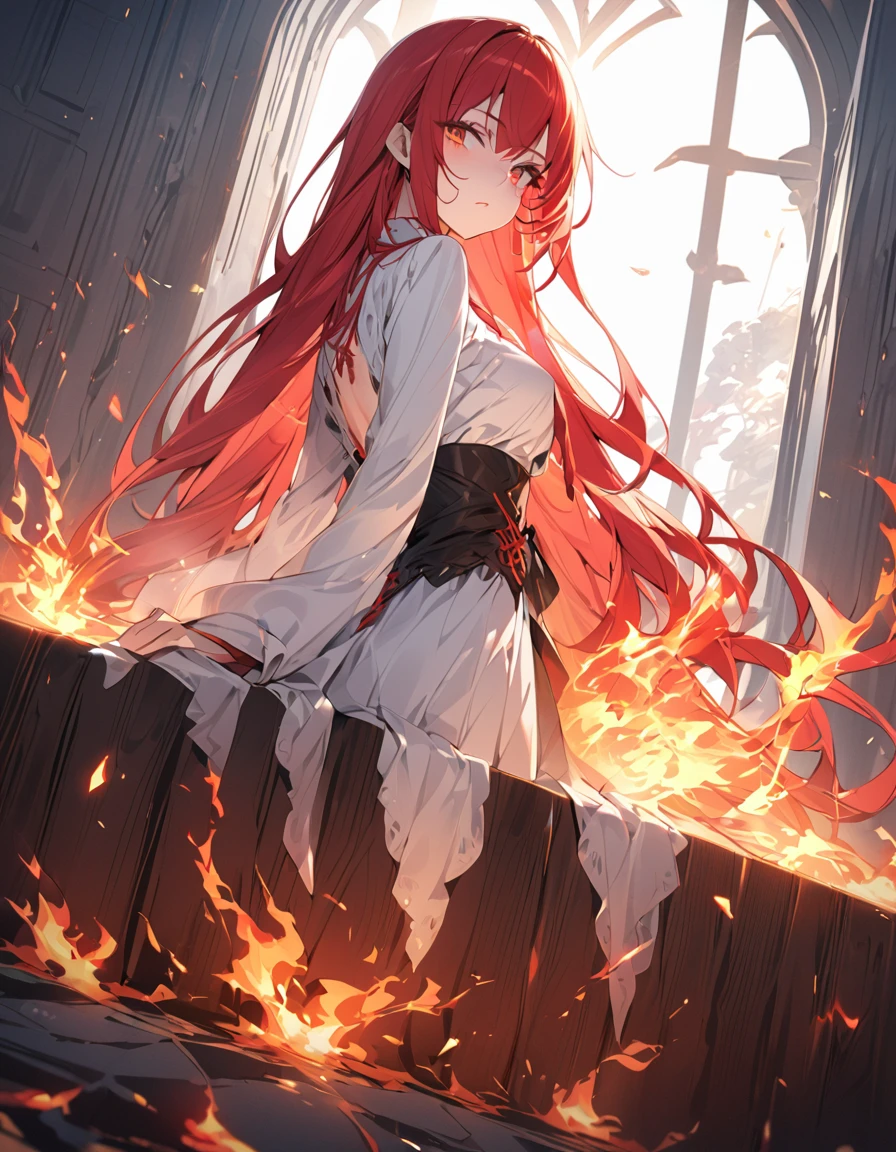 masterpiece Detailed description A woman with very long red hair Very intense flames all over Spell