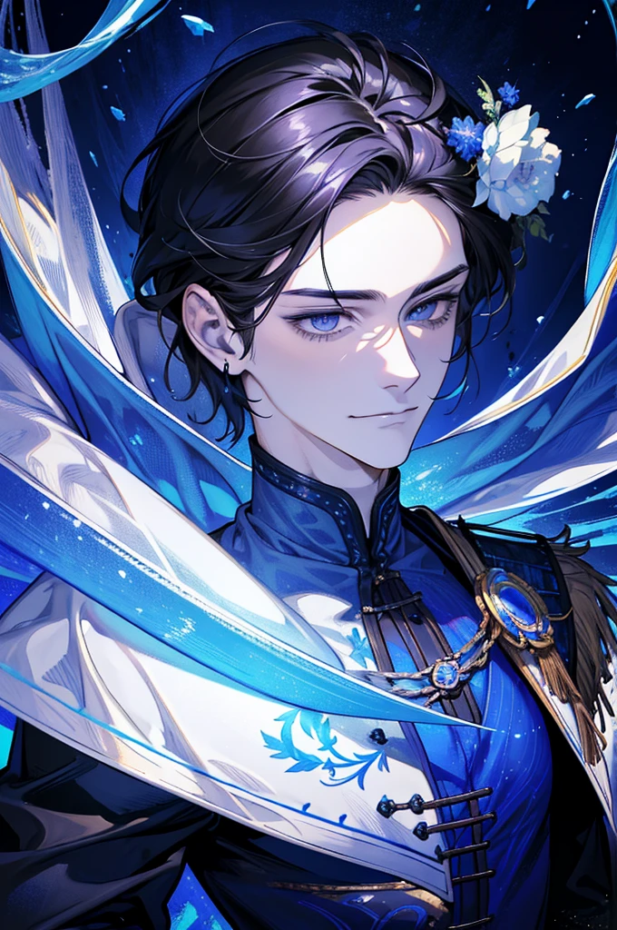 (absurdres, highres, ultra detailed), 1 male, adult, handsome, tall muscular guy, broad shoulders, finely detailed eyes, dark color hair, fantasy, complex pattern, detailed face, throne, magic effect, best ratio four finger and one thumb, ice, bitter cold, cold snap, smile, (dutch angle), closed mouth