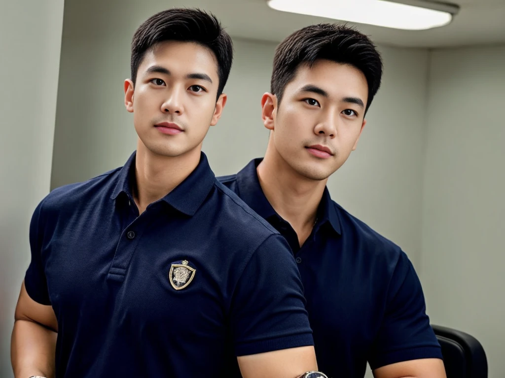 A male police officer in his 20s poses for a group photo., Wear a navy blue polo shirt., high resolution, Masterpiece, best quality, head:1.3,, Smooth and fine skin, clear focus, (movie light), during the night, gentle light, Dynamic angle, (detailed face:1.2), (((exercise))), sport, His arm muscles were very big., hand in crotch, in his office