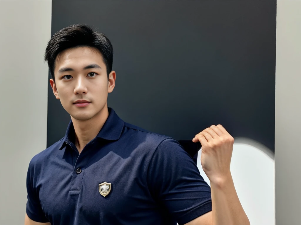 A male police officer in his 20s poses for a group photo., Wear a navy blue polo shirt., high resolution, Masterpiece, best quality, head:1.3,, Smooth and fine skin, clear focus, (movie light), during the night, gentle light, Dynamic angle, (detailed face:1.2), (((exercise))), sport, His arm muscles were very big., hand in crotch, in his office