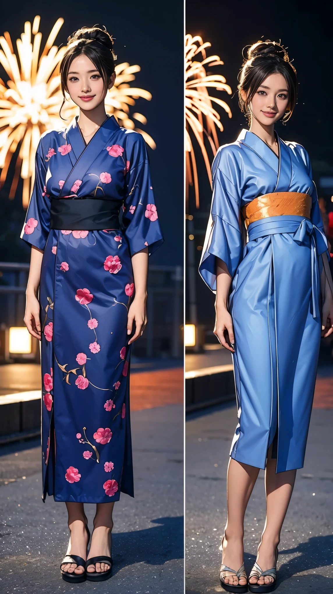 ((masterpiece)),(((Highest quality))),((Character design sheet)),Long legs,A Japanese yukata with a flashy pattern that combines light blue and navy blue:1.5,Stylish sandals:1.5,The best smile:1.5,Full Body Shot:1.5,Night fireworks background:1.5,Flashy makeup with red eyeshadow:1.5,Bun Hair:1.5,Tuck up your yukata:1.5,