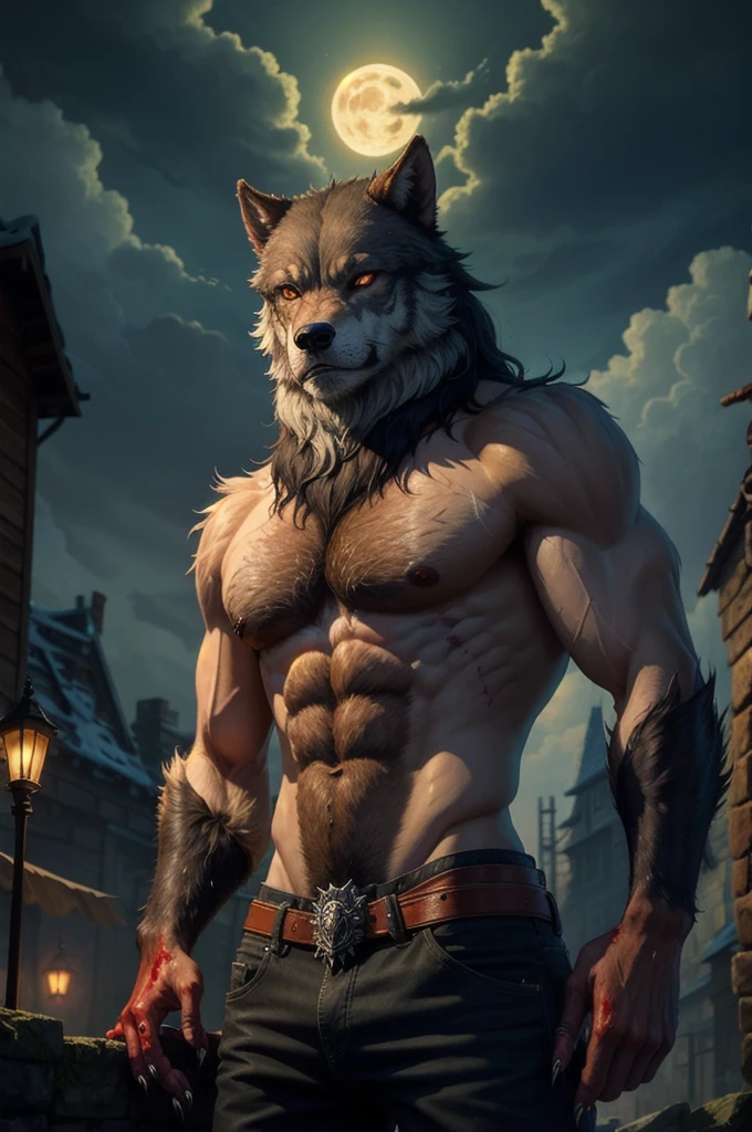 ((best quality)), ((masterpiece)),male hairy werewolf, bloody claws, dark scenery with the scarlet moon dripping with blood,