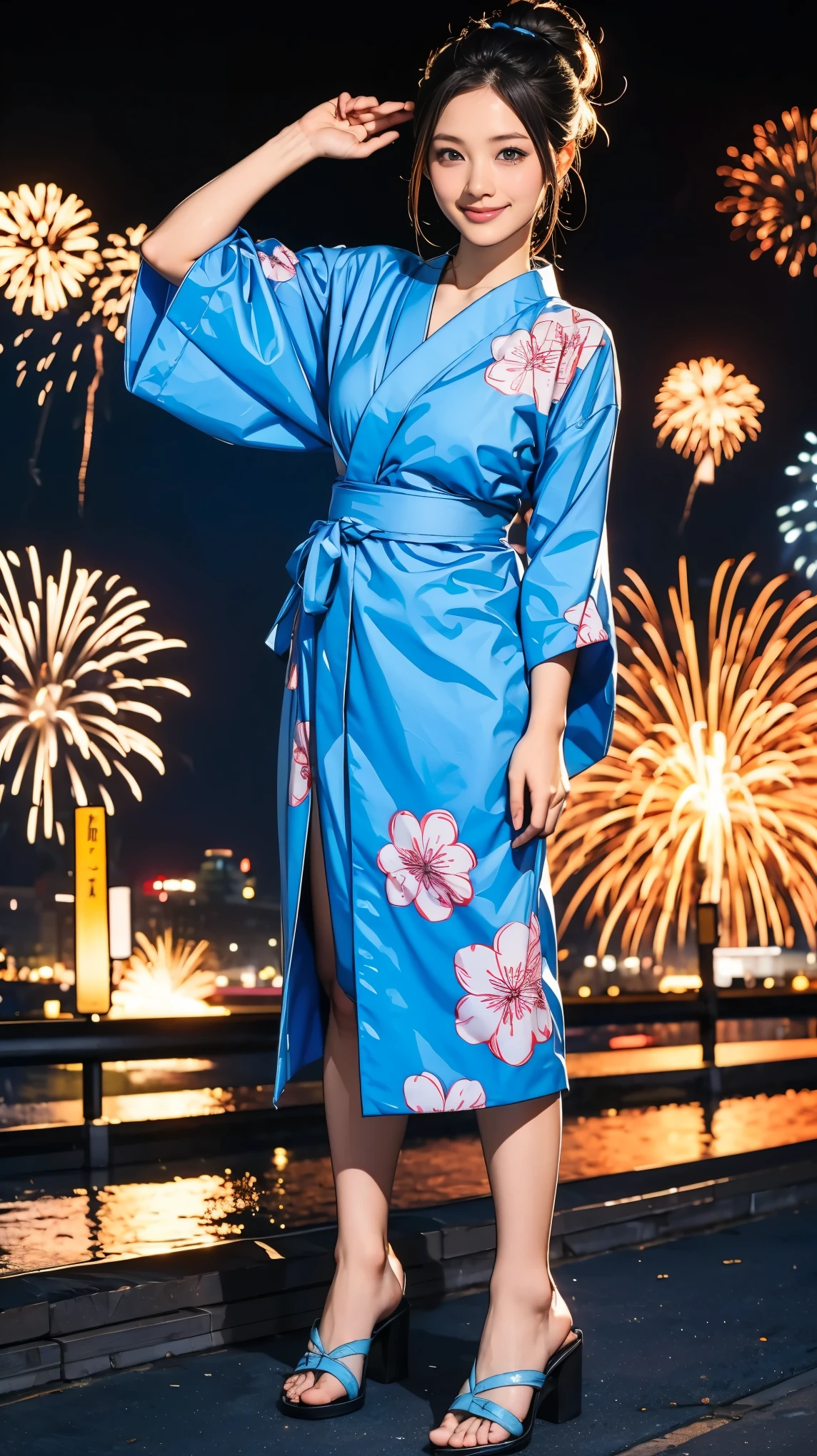 ((masterpiece)),(((Highest quality))),((Character design sheet)),Long legs,A Japanese yukata with a flashy pattern that combines light blue and navy blue:1.5,Stylish sandals:1.5,The best smile:1.5,Full Body Shot:1.5,Night fireworks background:1.5,Flashy makeup with red eyeshadow:1.5,Bun Hair:1.5,Tuck up your yukata:1.5,