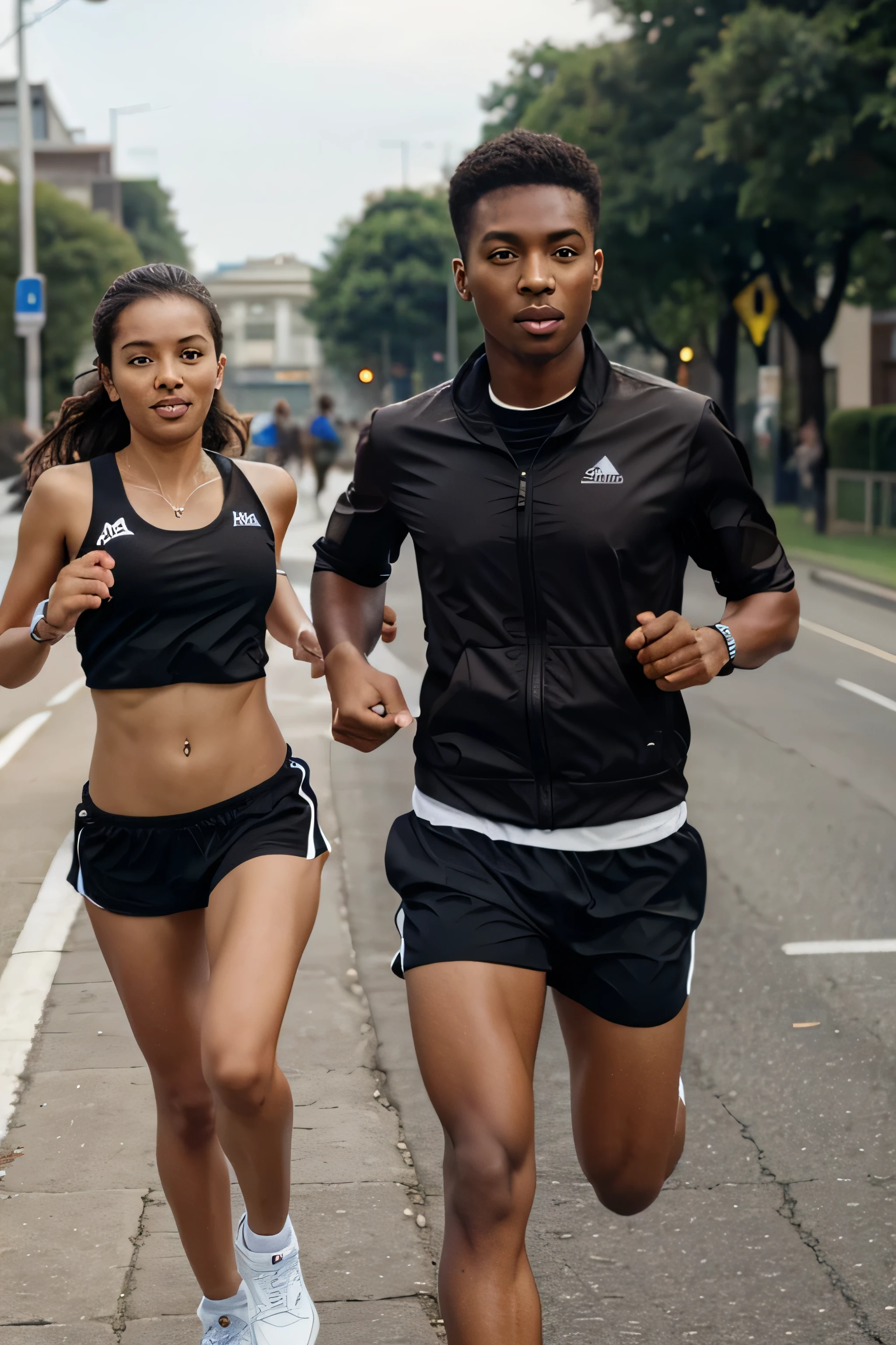 A boy and girl couple with the light brown skin are running marathon