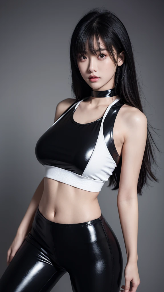 grey background blank, girl, ulzzang, fit body, healthy skin, long hair with bangs, black latex leggings with reflective effect, white tanktop shirt, flannel jacket, choker, slick oiled wear, standing pose, professional model, beautiful, big boob, high detailed face, amateur taken style photo, high detailed anatomy, high detailed texture images, flash light comes from the front, realistic, cinematic shot, dynamic lighting, 75mm, Technicolor, Panavision, cinemascope, sharp focus, fine details, 8k, HDR, realism, realistic, key visual, film still, cinematic color grading, depth of field