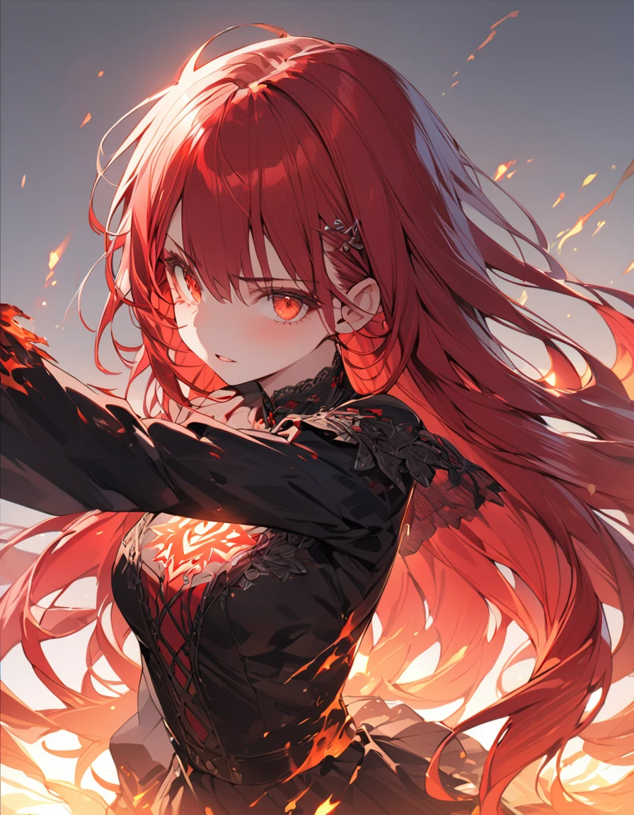 A girl with long red hair in a white darkwave-style suit with golden details and a devil mask,Estilo Darkwave,retrato de medio cuerpo,centrado,HDR,8k,hiperrealista,hermoso estudio de luz suave,detalles vibrantes,Anatomical,elegante,foco nítido,Foto de estudio,tendencias en Artstation,hiper detallado,filtro polarizador