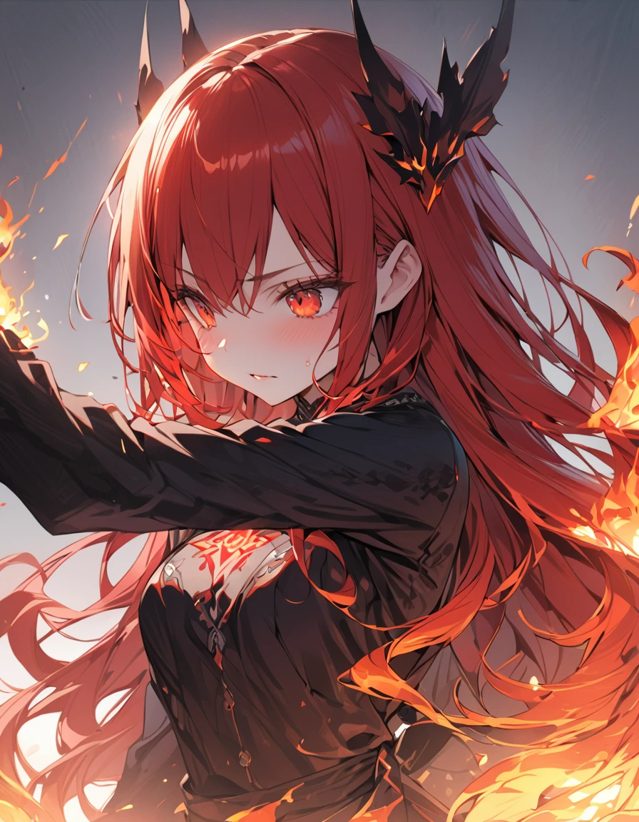 masterpiece　Detailed description　A woman with very long red hair　Very intense flames all over　Spell　
