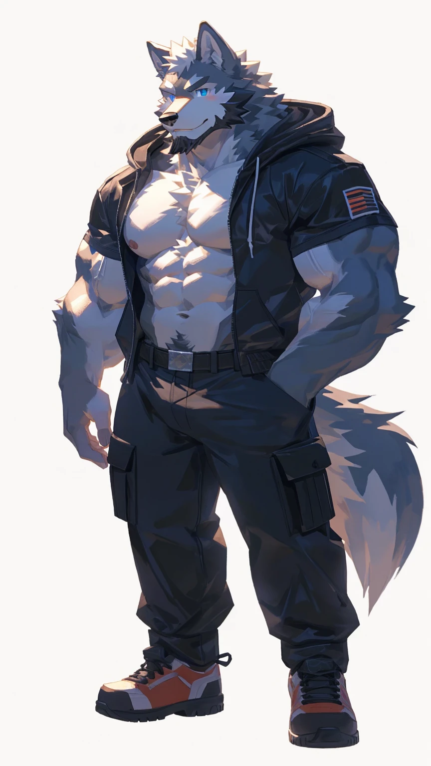 (masterpiece:1.2), best quality,pixiv,official art,perfect anatomy, (Ray tracing, light),solo, (1_male:1.3) , (muscle), (grey fur:1.4), (muscle wolf), (beard:1.2), (gleaming blue eyes), wolf tail, full body, Thick black eyebrows,(open hoodie), (naked inside), (cargo pants:1.2), boots, (pure white background: 1.3), 30-40years old