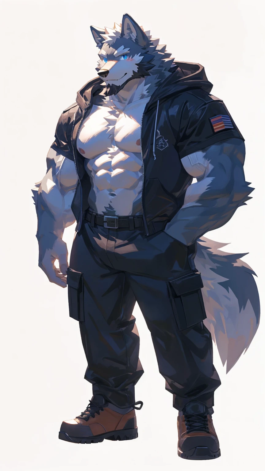 (masterpiece:1.2), best quality,pixiv,official art,perfect anatomy, (Ray tracing, light),solo, (1_male:1.3) , (muscle), (grey fur:1.4), (muscle wolf), (beard:1.2), (gleaming blue eyes), wolf tail, full body, Thick black eyebrows,(open hoodie), (naked inside), (cargo pants:1.2), boots, (pure white background: 1.3), 30-40years old
