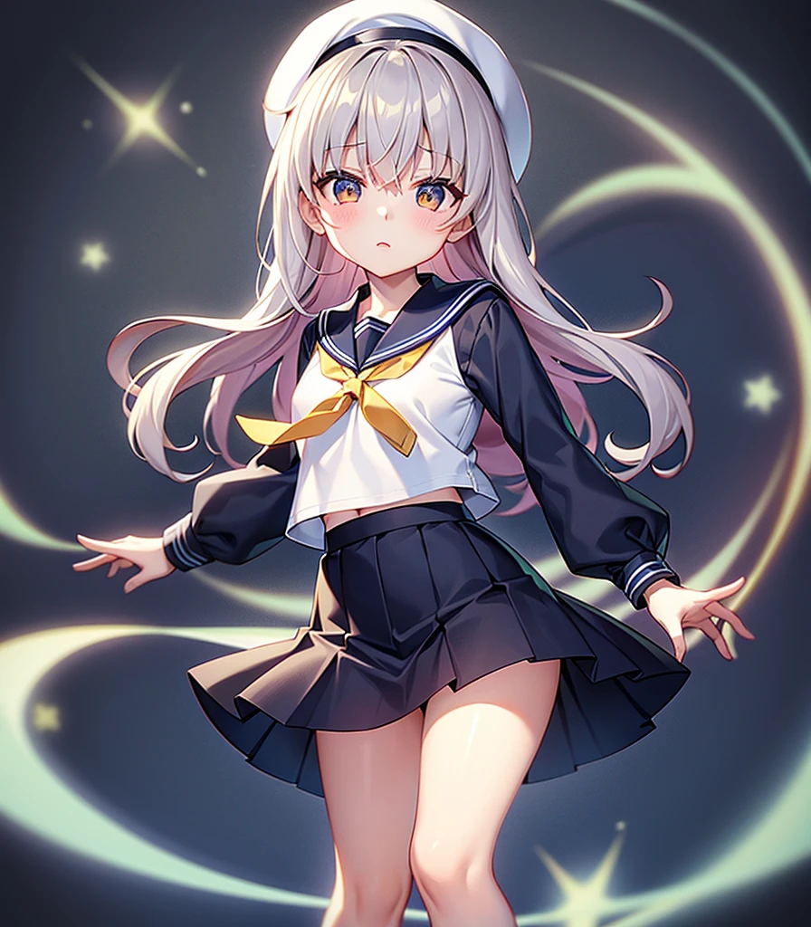 (Sailor suit),(((Navy Mini Skirt))),(White Beret),,Cute little loli,Tiny Lori,Small girl,,Childish face, Very fine clean face,Top quality, Big eyes,Straight Hair,Yellow hair,Crimson Eye,(Dark Room), Subtle light, Natural light,Soft lighting,Light from directly behind, (Are standing), Cute pose, (Open your hands), Showing the whole body,Front view,Black background