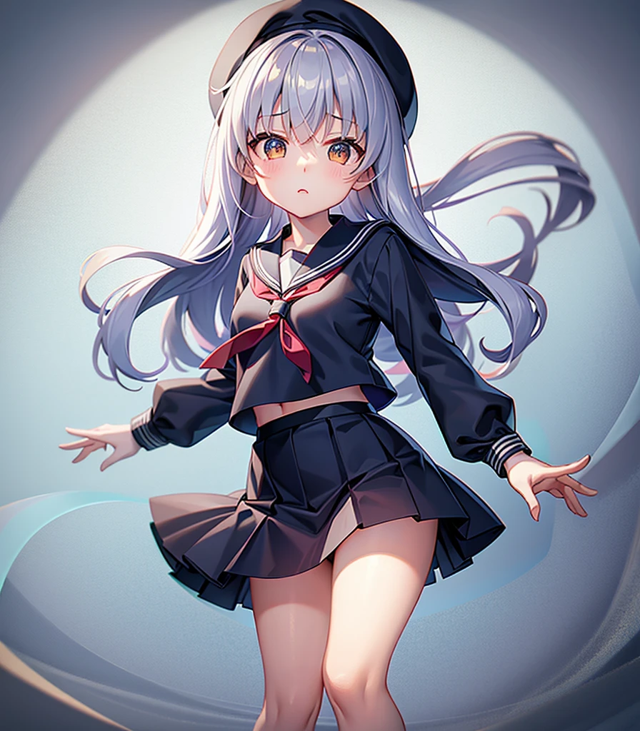 (Sailor suit),(((Navy Mini Skirt))),(White Beret),,Cute little loli,Tiny Lori,Small girl,,Childish face, Very fine clean face,Top quality, Big eyes,Straight Hair,Yellow hair,Crimson Eye,(Dark Room), Subtle light, Natural light,Soft lighting,Light from directly behind, (Are standing), Cute pose, (Open your hands), Showing the whole body,Front view,Black background